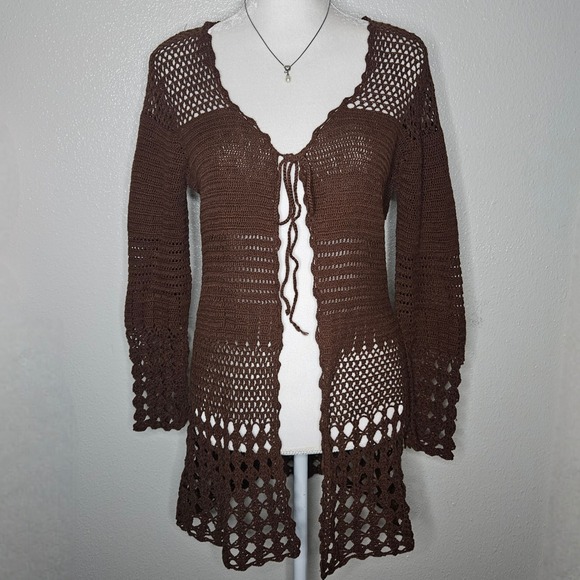 KIKIT Sweaters - KIKIT Maurice Sasson Brown Crochet Tie Front Cardigan